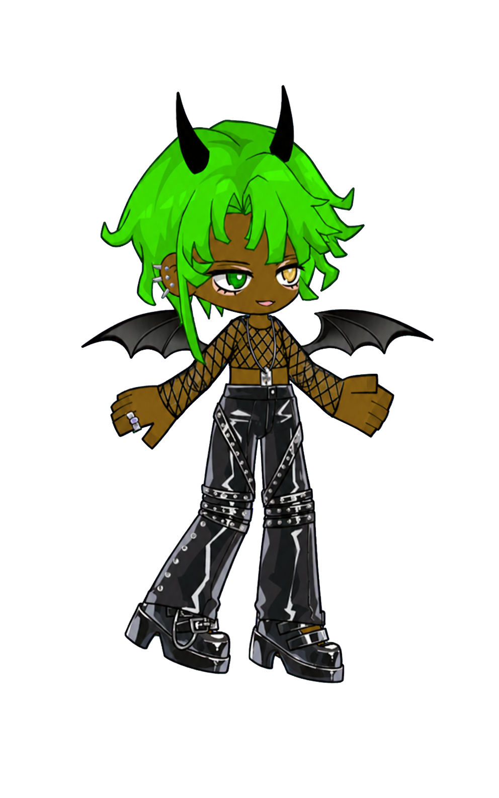 Frank, a green-haired demon with black horns, bat wings, and black platform boots